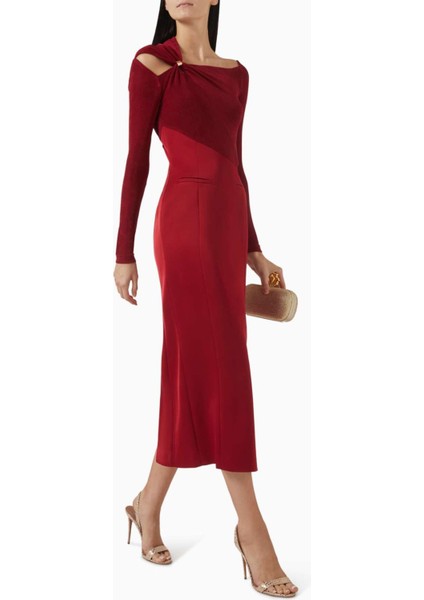 Eleanor Midi Elbise Şık, Uzun Kol, Altın Yüzük Dekolteli, Taffeta & Triko fiyatları