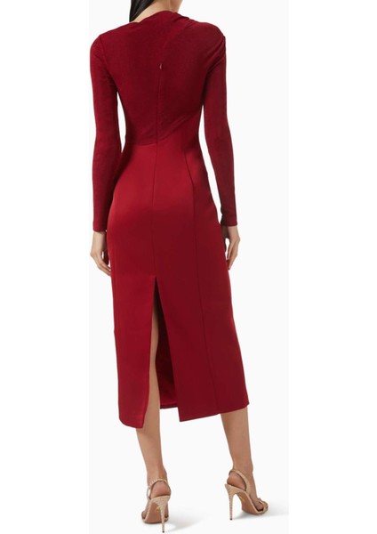 Eleanor Midi Elbise Şık, Uzun Kol, Altın Yüzük Dekolteli, Taffeta & Triko modelleri