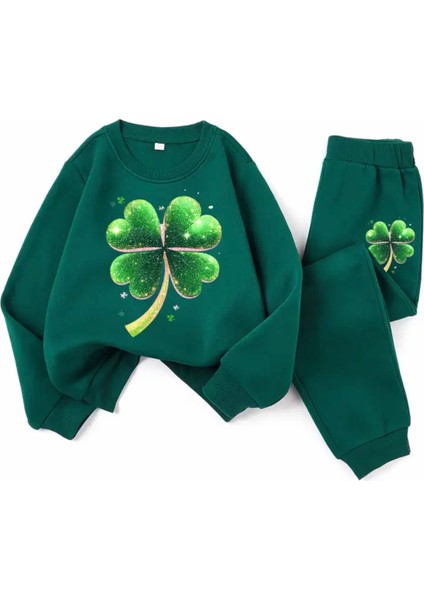 Kıds Face Özel Tasarım Yeşil Dört Yapraklı Şans Yoncası Baskılı Kışlık Kız Çocuk Eşofman Takımı