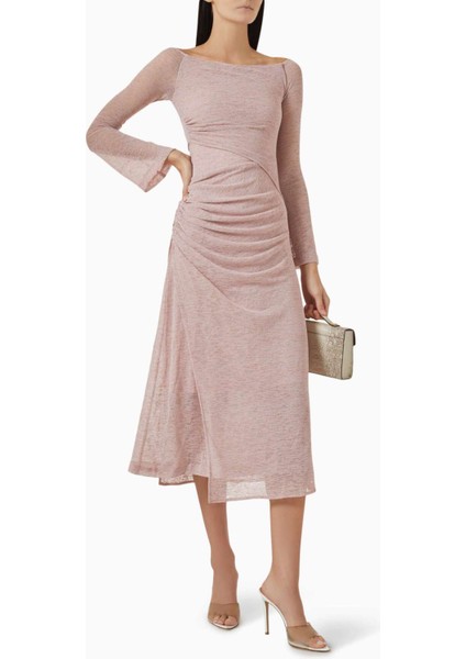 Boat-Neck Midi Elbise - Rib-Knit, Uzun Kol & Toplanmış Bel fiyatları