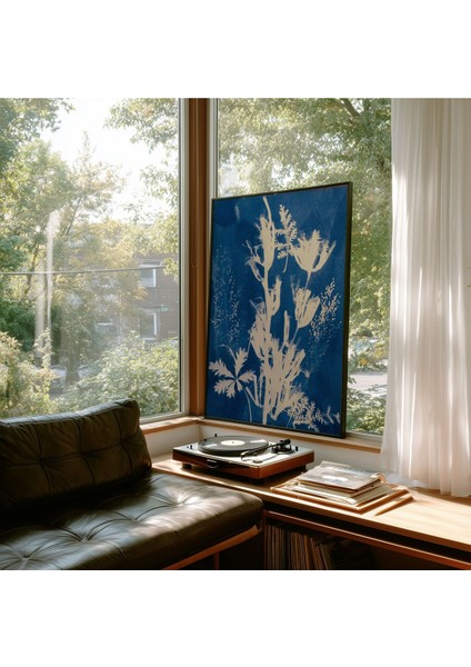 Blue Botanical Shadows - Doğal Ahşap Çerçeveli Tablo - İllüstrasyon Poster - Curated By Push fırsatları