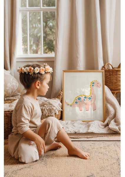 Dot Dino - Doğal Ahşap Çerçeveli Tablo - Neşeli Çocuk Posteri fırsatları