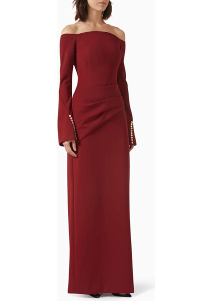 Louisa Maxi Dress - Off-Shoulder, Düğmeli Kollu, Sırt Yırtmaçlı, Şık Tasarım Elbise
