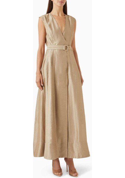 Bej Hepworth D-Ring Kemerli Maxi Elbise - %53 Keten, %36 Viskoz, %11 Naylon