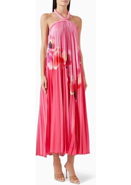 Fixby Plise Maxi Elbise - Çok Renkli - %100 Polyester - Halter Yaka