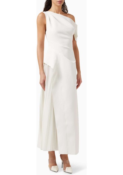 Beyaz Sudden Midi Elbise - Bonded Crepe - Asimetrik Yaka, Şeffaf Yan Panel Detaylı