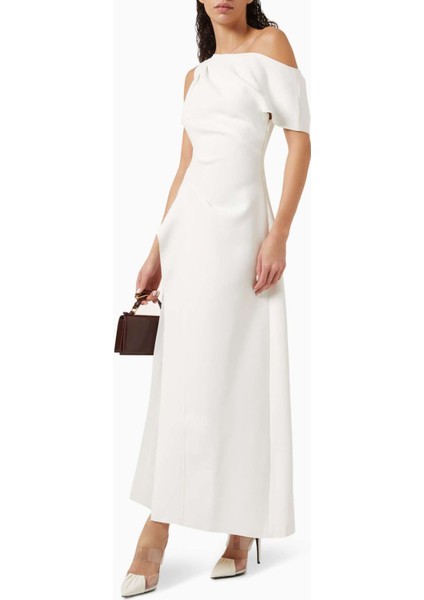 Beyaz Sudden Midi Elbise - Bonded Crepe - Asimetrik Yaka, Şeffaf Yan Panel Detaylı fiyatları