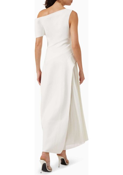 Beyaz Sudden Midi Elbise - Bonded Crepe - Asimetrik Yaka, Şeffaf Yan Panel Detaylı modelleri