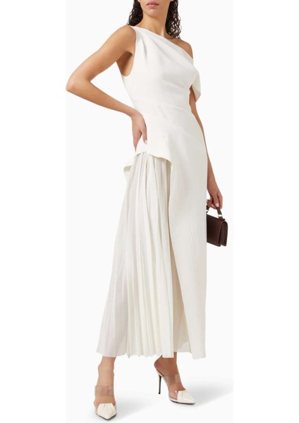 Beyaz Sudden Midi Elbise - Bonded Crepe - Asimetrik Yaka, Şeffaf Yan Panel Detaylı indirimleri