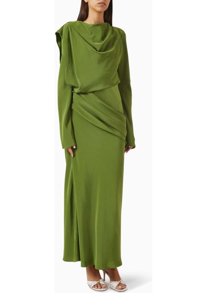 Yeşil Maxi Elbise - Drapeli Üst, Yapılandırılmış Alt - %76 Asetat, %24 Polyester