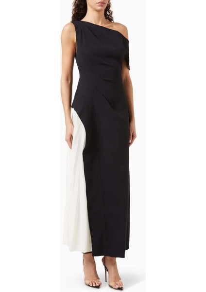 Siyah Midi Elbise - Asimetrik Yaka - %100 Polyester - Dökümlü Etek Paneli ile Şık Tasarım