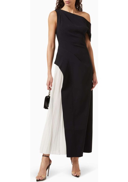 Siyah Midi Elbise - Asimetrik Yaka - %100 Polyester - Dökümlü Etek Paneli ile Şık Tasarım fiyatları