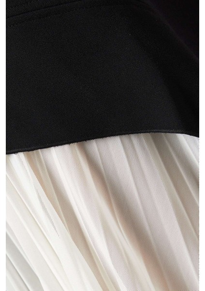 Siyah Midi Elbise - Asimetrik Yaka - %100 Polyester - Dökümlü Etek Paneli ile Şık Tasarım fırsatları