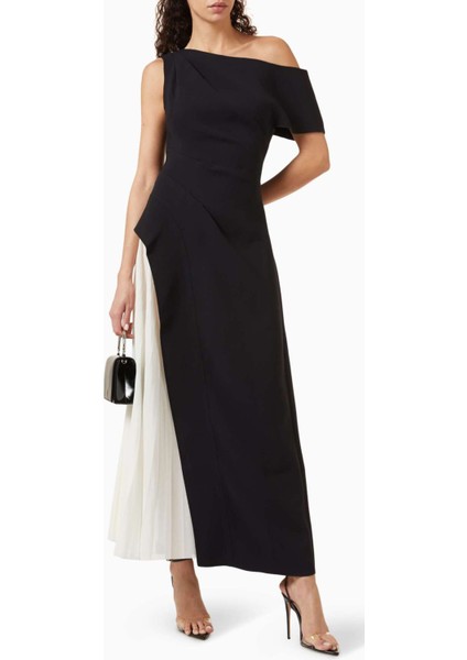 Siyah Midi Elbise - Asimetrik Yaka - %100 Polyester - Dökümlü Etek Paneli ile Şık Tasarım indirimleri