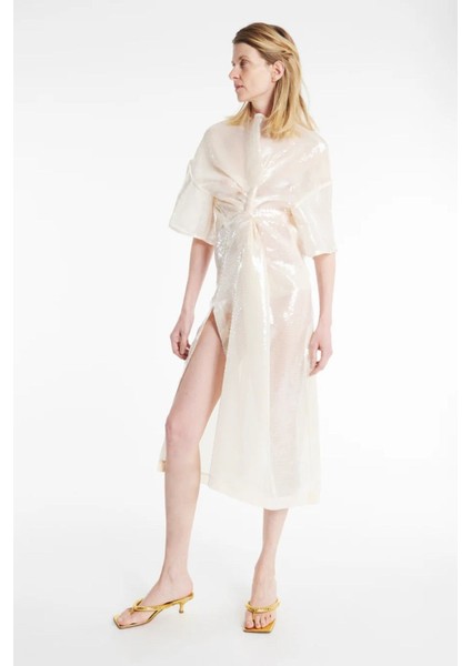 Düğümlü Pullu Midi Elbise Fildişi, Yarı Şeffaf ve Yüksek Yırtmaçlı, Litvanya Üretimi modelleri