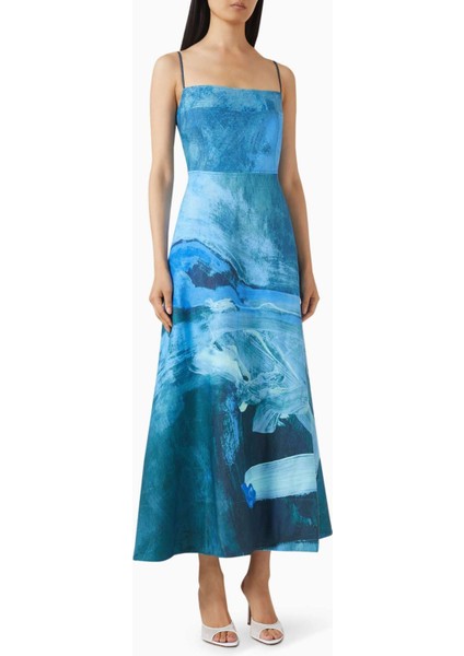 Mavi Osidge Desenli Maxi Elbise - %73 Viskoz, %27 Keten Kumaş Içeriği ile Şık Tasarım