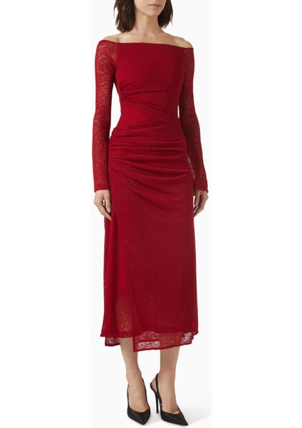 Boat-Neck Midi Elbise - Rib-Knit, Uzun Kol & Toplanmış Bel