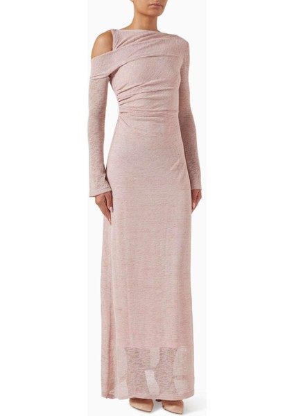 Asimetrik Soğuk Omuzlu Maxi Elbise Uzun Kol & Gizli Fermuar