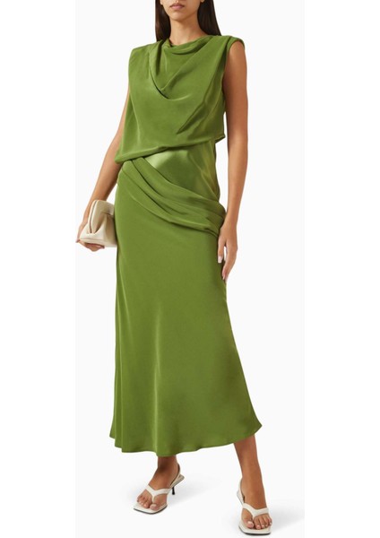 Yeşil Drapeli Maxi Elbise - %76 Asetat %24 Polyester - Uzun ve Şık Tasarım fiyatları