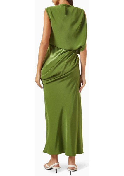 Yeşil Drapeli Maxi Elbise - %76 Asetat %24 Polyester - Uzun ve Şık Tasarım modelleri
