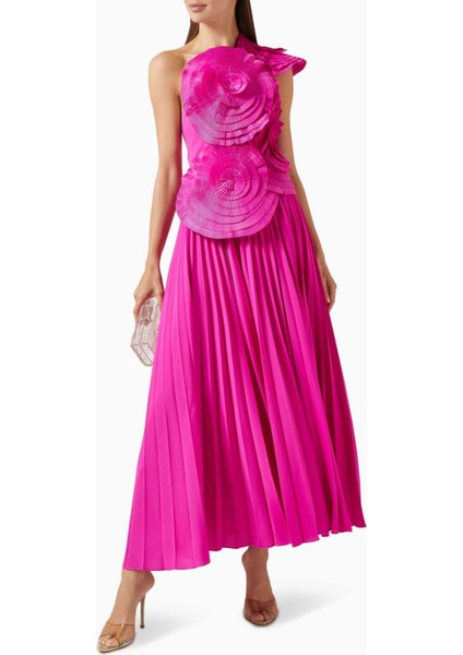 Trusley Rosette Plise Elbise - Pembe - %100 Polyester, Tek Omuz, Katmanlı Çiçek Detaylı fiyatları