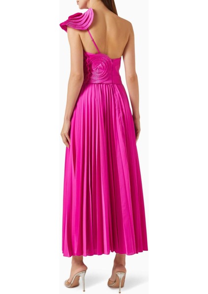 Trusley Rosette Plise Elbise - Pembe - %100 Polyester, Tek Omuz, Katmanlı Çiçek Detaylı modelleri