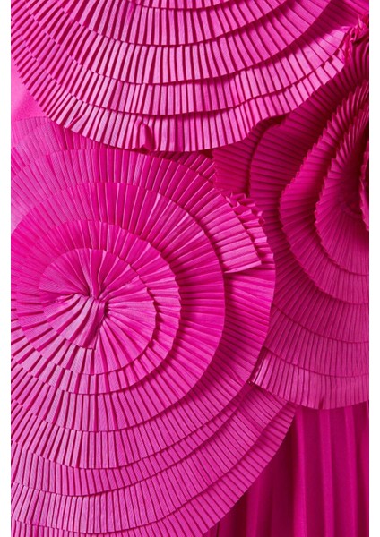 Trusley Rosette Plise Elbise - Pembe - %100 Polyester, Tek Omuz, Katmanlı Çiçek Detaylı fırsatları