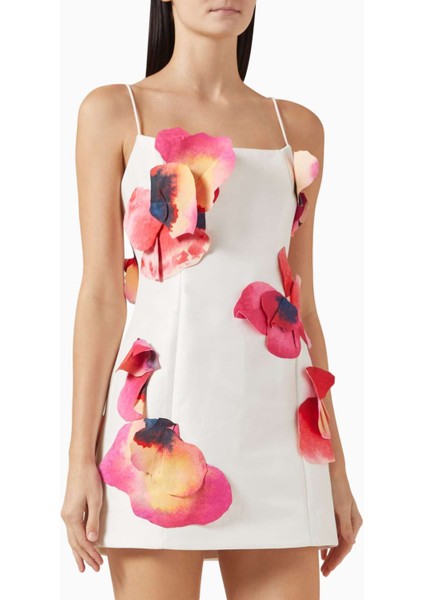 Miltonrise Mini Elbise - Beyaz - %65 Polyester, %35 Pamuk - 3D Çiçek Detayı