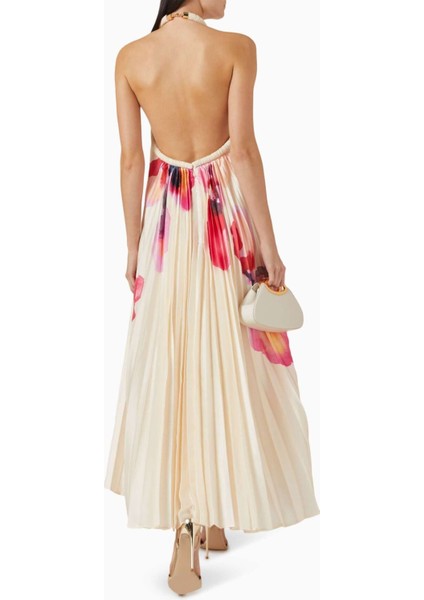 Fixby Şifon Maxi Elbise - Orkide Deseni - %100 Polyester - Halter Yaka - Krem fiyatları