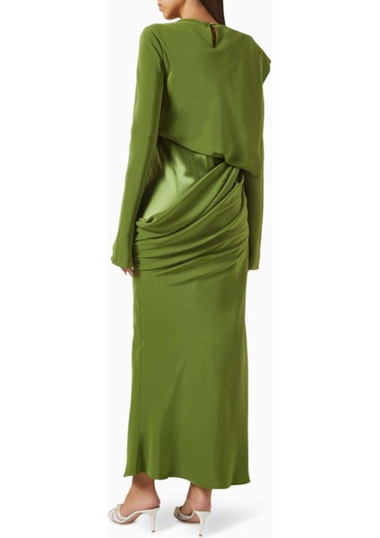 Yeşil Maxi Elbise - Drapeli Üst, Yapılandırılmış Alt - %76 Asetat, %24 Polyester modelleri