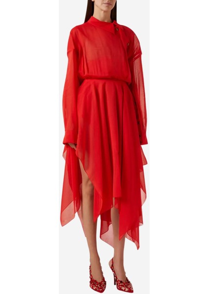 Asimetrik Midi Ipek Organza Elbise, Kırmızı