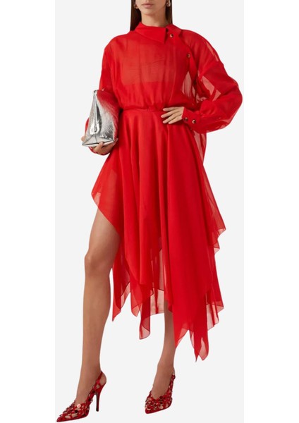 Asimetrik Midi Ipek Organza Elbise, Kırmızı fiyatları