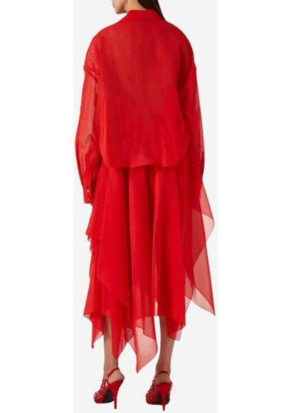 Asimetrik Midi Ipek Organza Elbise, Kırmızı modelleri