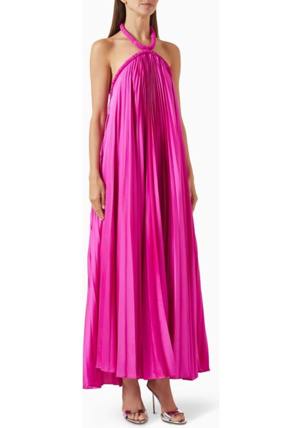 Açık Sırt Maxi Elbise - Mor - %100 Polyester - Plise Kumaş ile Rahat Tasarım