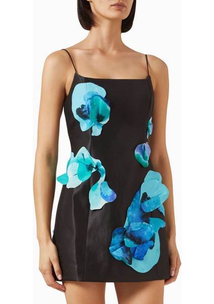 Parrfold Mini Elbise - Siyah-Mavi - %65 Polyester, %35 Pamuk - Petal Detaylı, Kaplamalı Kumaş