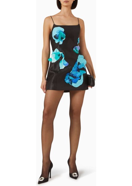 Parrfold Mini Elbise - Siyah-Mavi - %65 Polyester, %35 Pamuk - Petal Detaylı, Kaplamalı Kumaş fiyatları