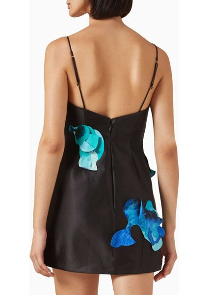 Parrfold Mini Elbise - Siyah-Mavi - %65 Polyester, %35 Pamuk - Petal Detaylı, Kaplamalı Kumaş modelleri