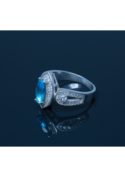 Doğal London Mavi Topaz ve Beyaz Zirkon Taşlı 925 Ayar Gümüş Kadın Yüzük 4.37 gr fiyatları