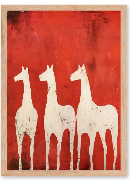Red Parade - Doğal Ahşap Çerçeveli Tablo - Soyut At Figürü Poster modelleri