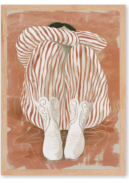 Striped Pause - Doğal Ahşap Çerçeveli Tablo - Modern Figüratif Poster