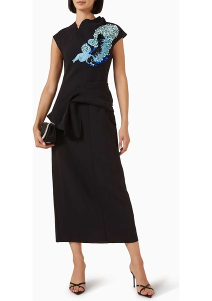 Siyah Yelford Midi Elbise - Crepe Kumaş - Nakışlı Boncuklu Tasarım ile Şık Detaylar fiyatları