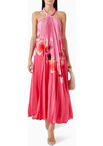 Fixby Plise Maxi Elbise - Çok Renkli - %100 Polyester Kumaş - Halter Yaka modelleri