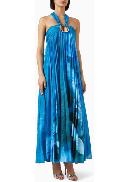 Mavi Askham Maxi Elbise - 100% Polyester - Plise Tasarım - Altın Donanım - Şıklık Için Ideal