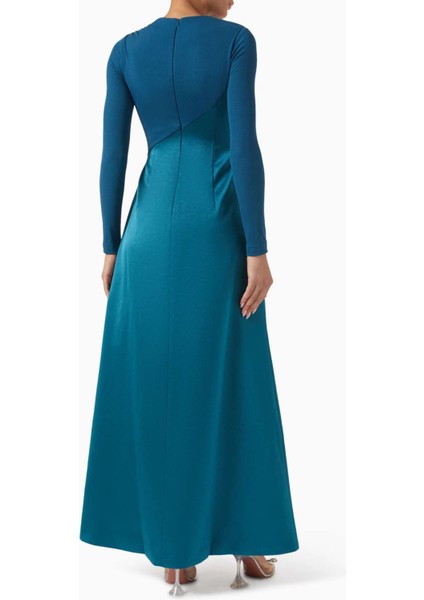 Şık Drapeli Maxi Elbise Uzun Kollar, Asimetrik Yaka, Taffeta ve Twinkle Knit modelleri