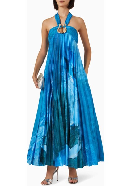 Mavi Askham Maxi Elbise - 100% Polyester - Plise Tasarım - Altın Donanım - Şıklık Için Ideal modelleri