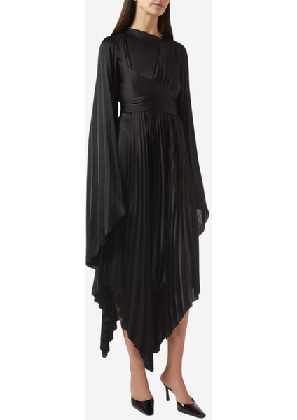 Wrap Pleated Midi Elbise, Siyah