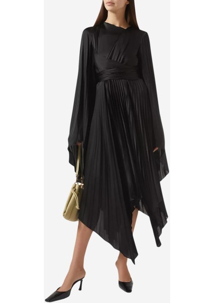 Wrap Pleated Midi Elbise, Siyah fiyatları