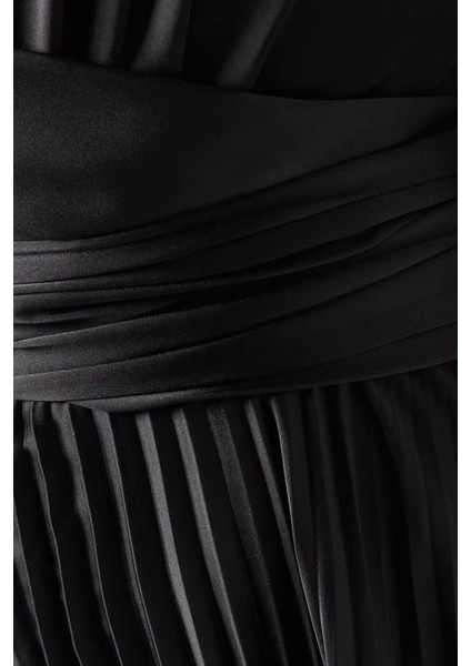 Wrap Pleated Midi Elbise, Siyah fırsatları