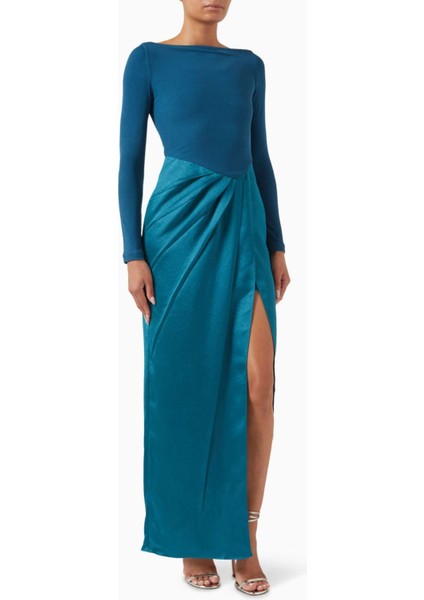 Drape Maxi Elbise - Dikkat Çekici Doku, Yüksek Yırtmaç & V-Yırtmaçlı Bel