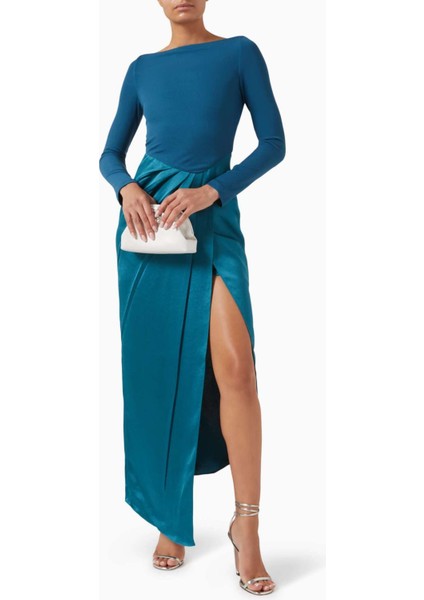 Drape Maxi Elbise - Dikkat Çekici Doku, Yüksek Yırtmaç & V-Yırtmaçlı Bel fiyatları